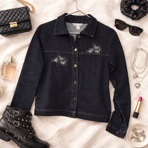 Y2K Butterfly Embroidered Denim Jacket | Dark Wash Studded  | Women’s Small